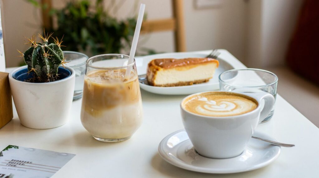 white coffee shop table with a hot latte and cold coffee drink with a pastrie